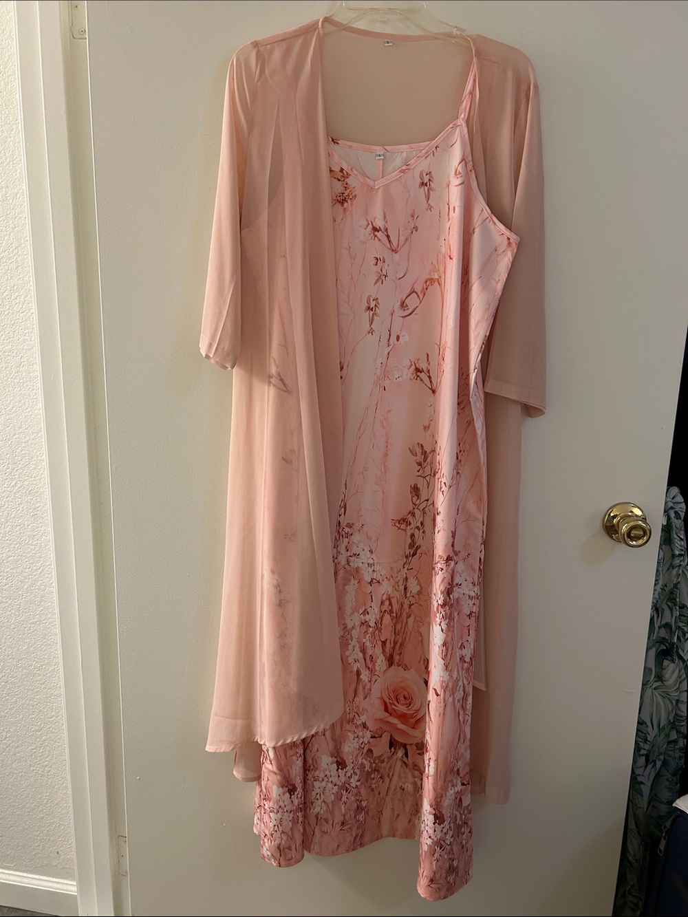 Elegant Pink Floral Slip Dress with Sheer Duster